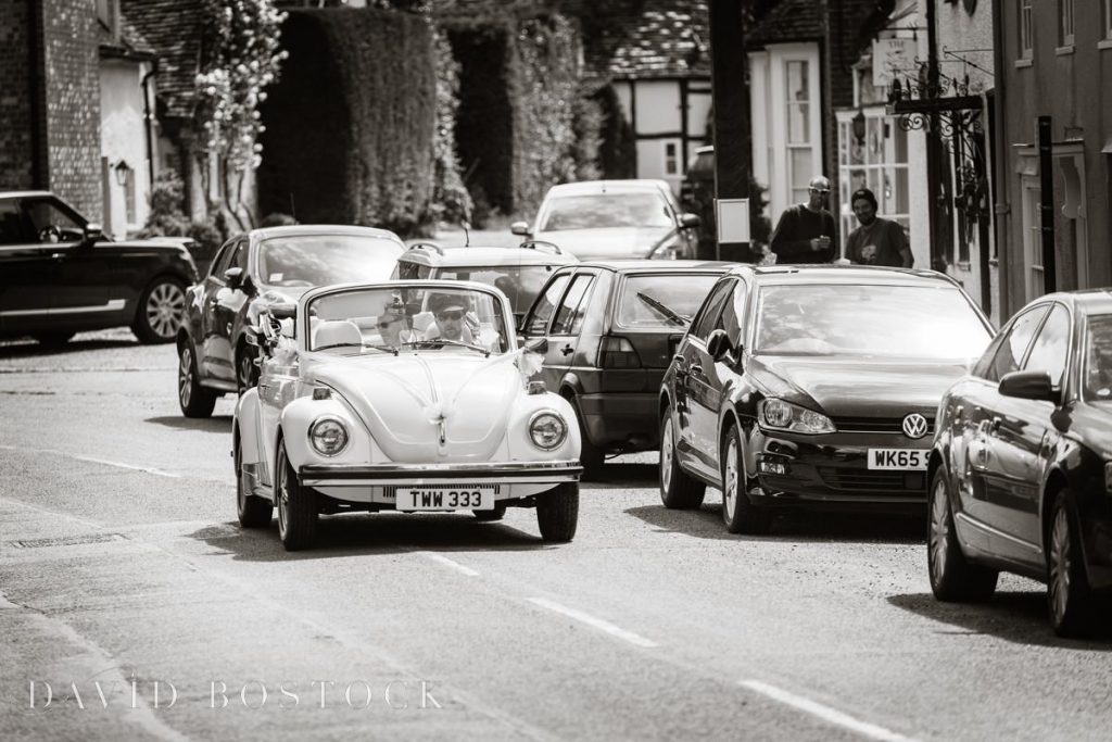 bride arriving in Beatle