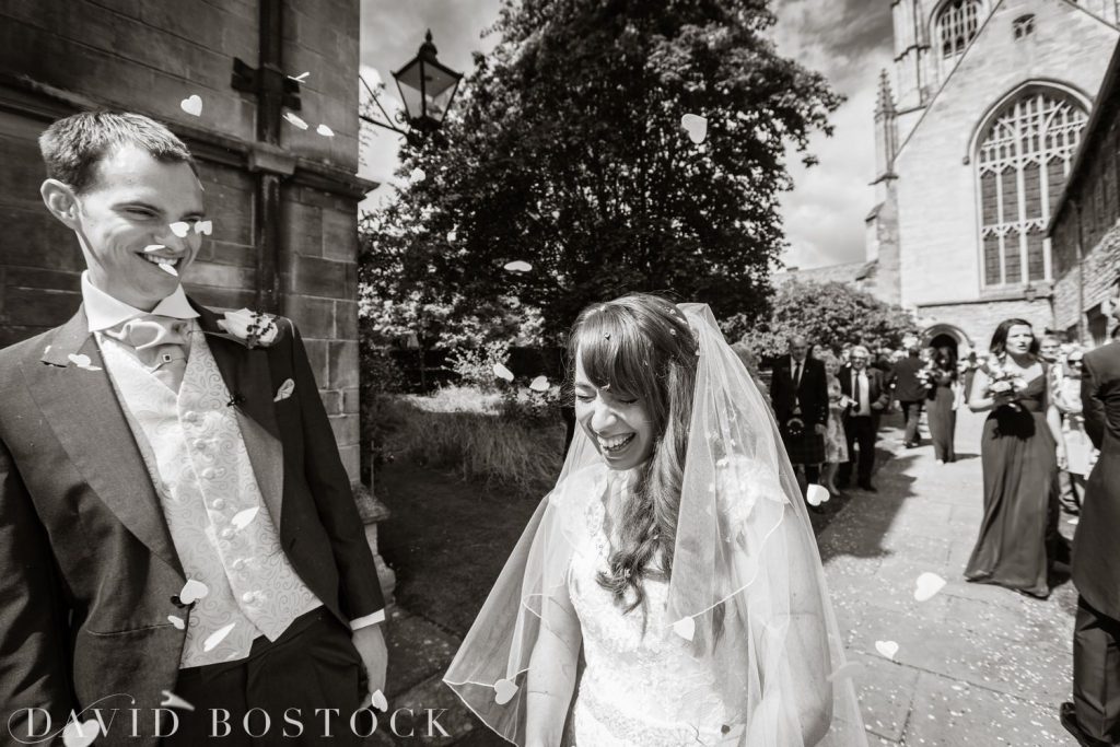 Oxford College Wedding bride laughing 