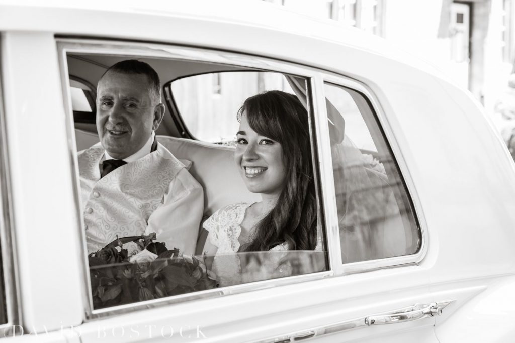 Oxford College Wedding bride arriving in car