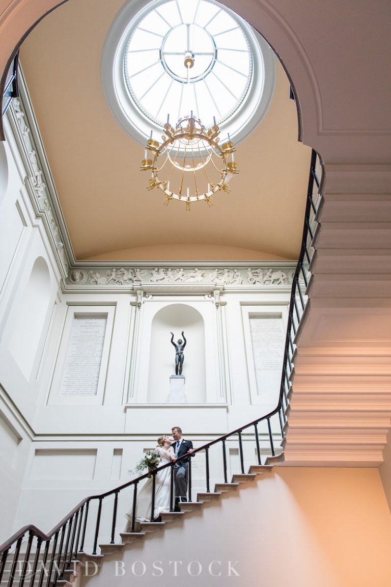 Ashmolean wedding bride and groom on stairs