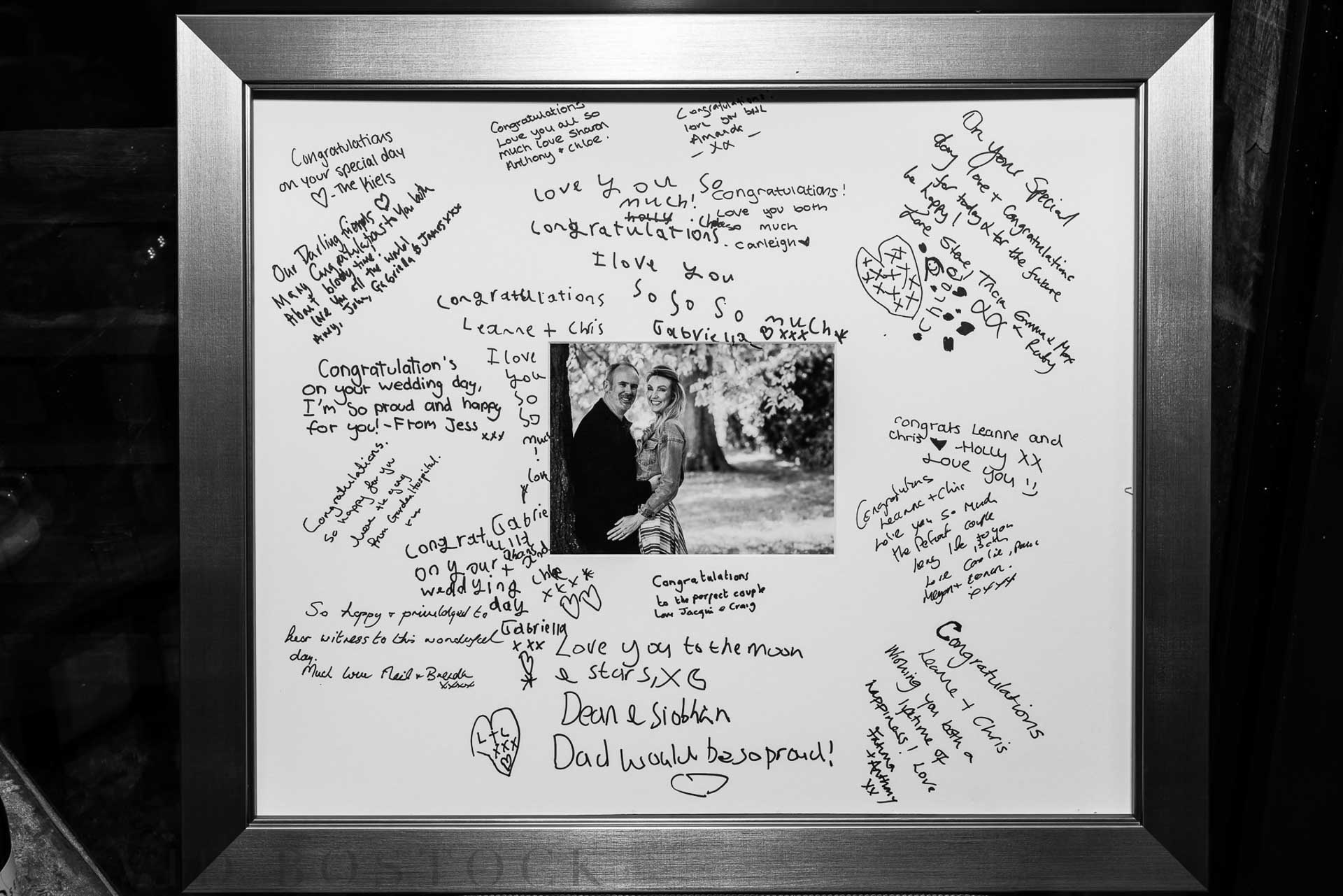 signed guest book with pre-wedding shoot photo at centre