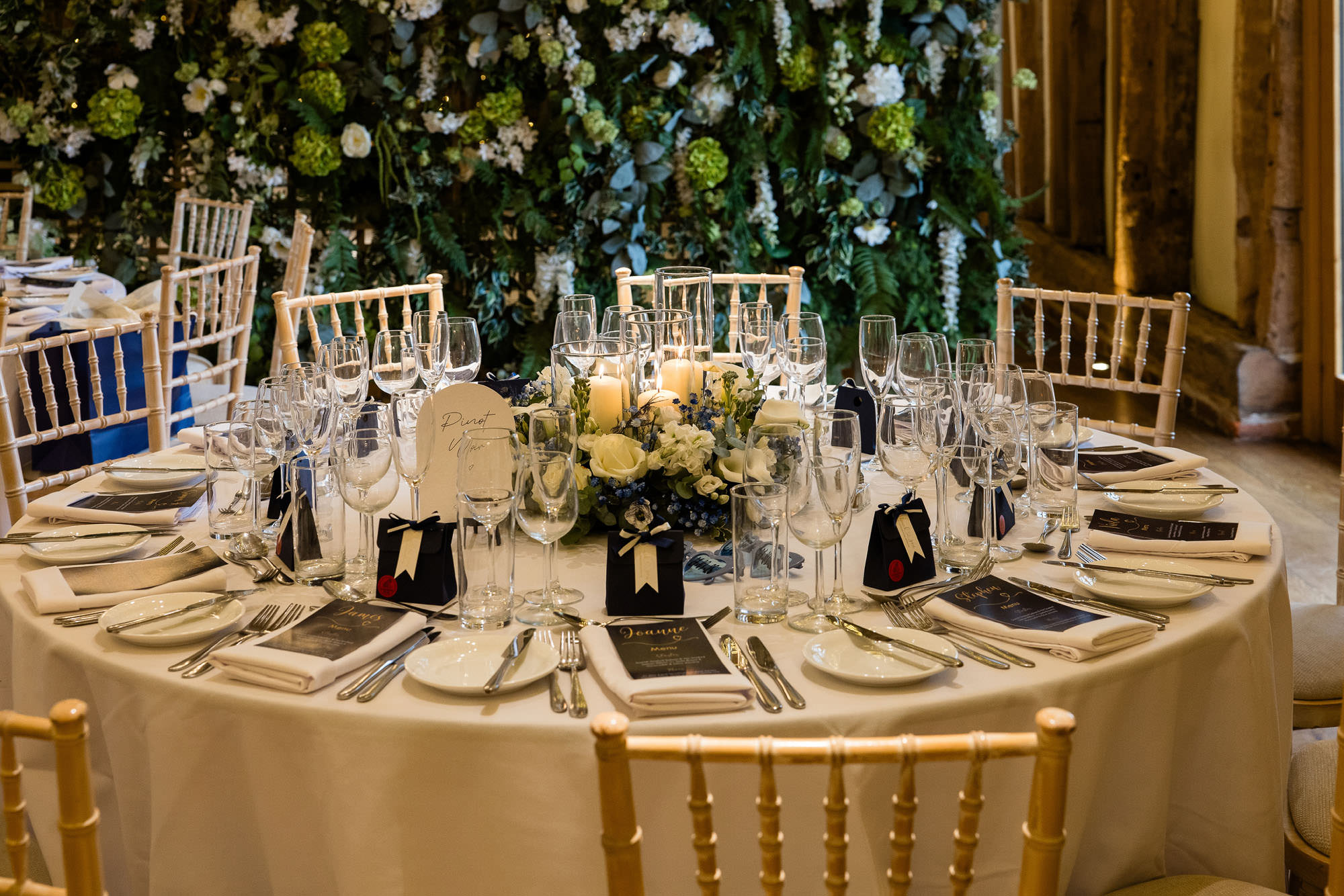 tables set up for blue and white reception at Micklefield Hall