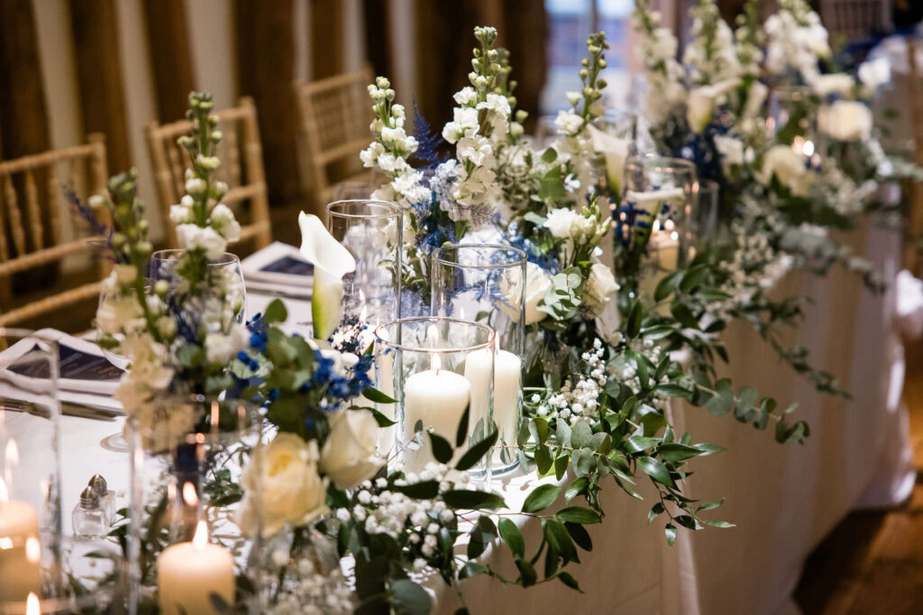 blue and white flowers at wedding